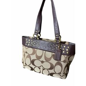 Coach Signature Studded Gallery Tote Brown Canvas Leather Studded F15240 EUC